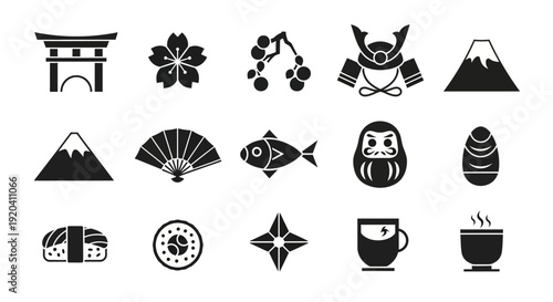 Japanese culture icons set, traditional symbols