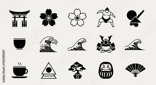 Japanese culture icons set, traditional symbols vector