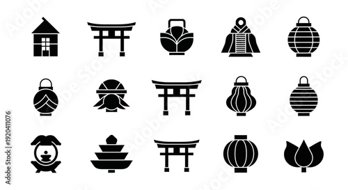 Japanese culture icons set, traditional symbols