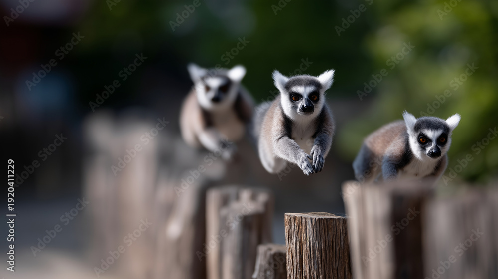 Obraz premium Lemurs jumping dynamically between wooden posts in the Madagascar zone at Wroclaw Zoo, playful motion captured mid-air, natural habitat enclosure, children watching with amazement