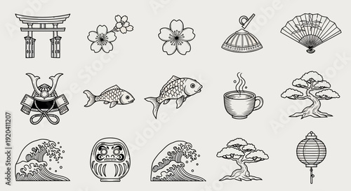 Japanese culture line art icons set. Traditional symbols