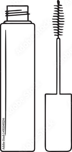 Black and white mascara tube and wand applicator icon outline drawing isolated for makeup packaging design or cosmetics brand