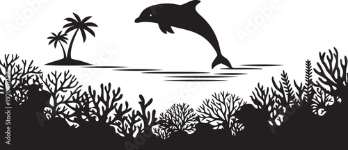 Ocean life silhouette with jumping dolphin over coral reef and tropical island palm trees for marine conservation poster art