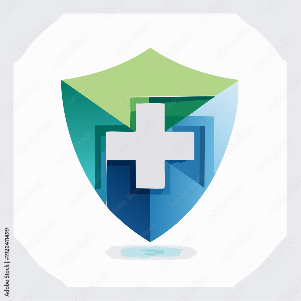 Obraz premium Medical shield icon representing healthcare and protection with a plus sign in the center