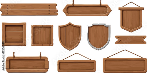 Rustic Wooden Signboard and Shield Frame Collection with Hanging Plaques and Empty Timber Banners for Medieval Game UI and Interface Design.
