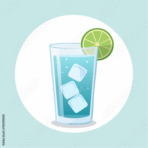 Crisp cartoon illustration of a cool, refreshing aqua-colored beverage with ice and a lime slice, perfect for summer