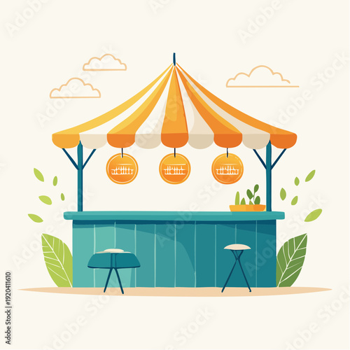Outdoor festival booth with stalls and seating, perfect for events and markets