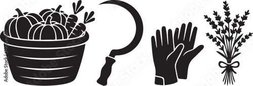 Harvest basket with pumpkins and carrots, sickle tool, gardening gloves and lavender bouquet