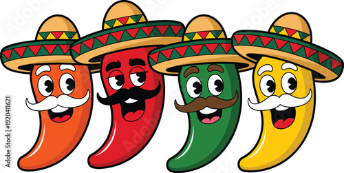 Four colorful anthropomorphic chili peppers wearing sombreros and mustaches with happy expressions
