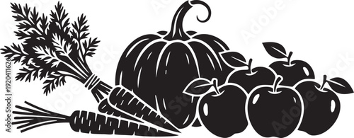 A grouping of fresh autumn produce including a bundle of carrots a large pumpkin and several ripe apples