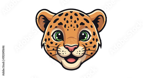 Cartoon leopard head with green eyes and spotted fur.