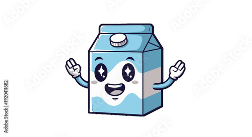 Cartoon milk carton character with smiling face and outstretched arms.