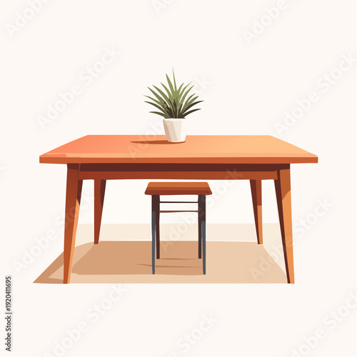 Chic Low Poly Wooden Dining Table Adorned with a Green Potted Plant and Simple Stool in a Bright, Modern Room