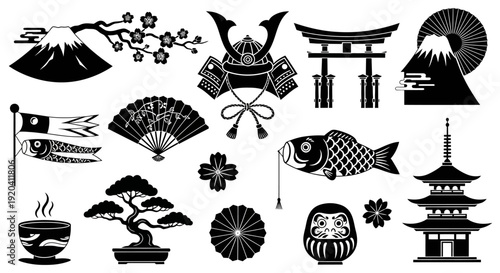 Japanese Culture Symbols Vector Set, Traditional Japan Icons