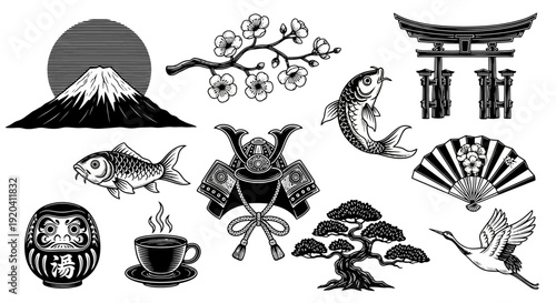 Japanese culture symbols vector set. Traditional Japan elements.