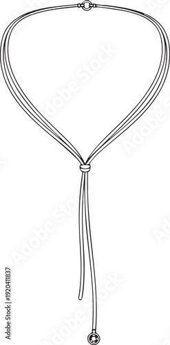 Elegant minimalist lariat necklace jewelry design with thin cord and small pendant bead black outline vector sketch illustration