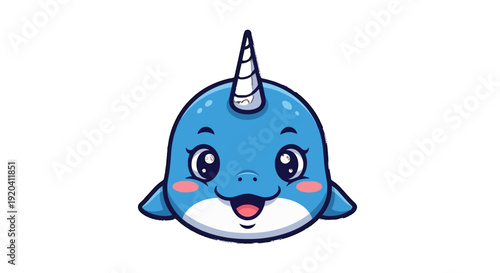 Adorable cartoon narwhal with cheerful expression and rosy cheeks.