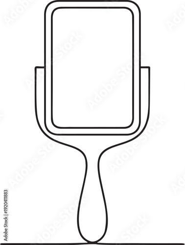 Black outline of a vintage handheld mirror with an elegant frame, classic vanity accessory for beauty and grooming