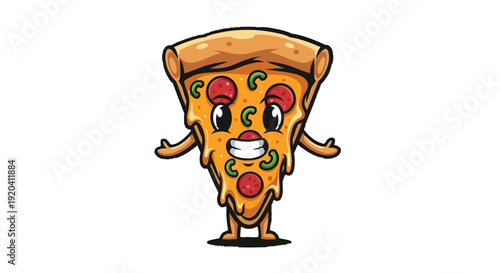 A cartoon slice of pizza with a smiling face and arms and legs.