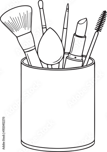 Collection of makeup brushes and lipstick in cup for beauty routine and cosmetic application
