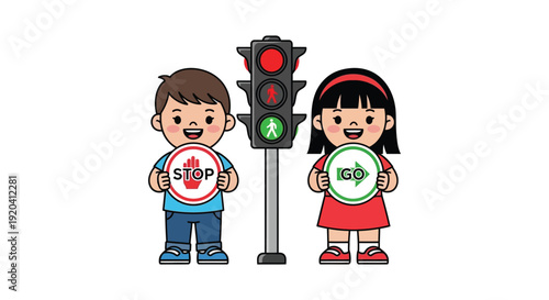 Two cheerful children holding traffic signs near a traffic light illustrating road safety concepts a silhouette high quality professional detailed