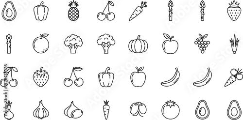 Fruits and Vegetables Line Icons Set Featuring Apple Banana Carrot Avocado and Fresh Organic Produce Vector Collection