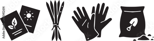 Gardening tools and supplies set including seed packets, plant seedlings, gloves, and bag of soil for planting