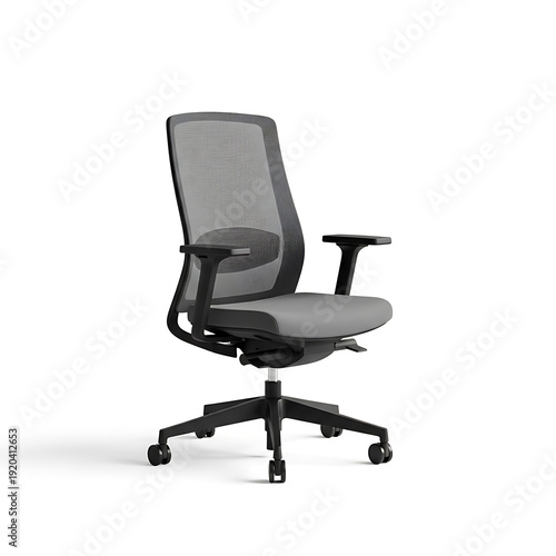 Ergonomic mesh office chair with adjustable armrests on white studio