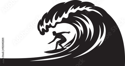 Surfer on big ocean wave vector silhouette, surfing sport activity, extreme water recreation, tropical destination