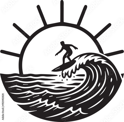 Surfer riding ocean wave with sun in background vector graphic, surfing activity, water sport recreation