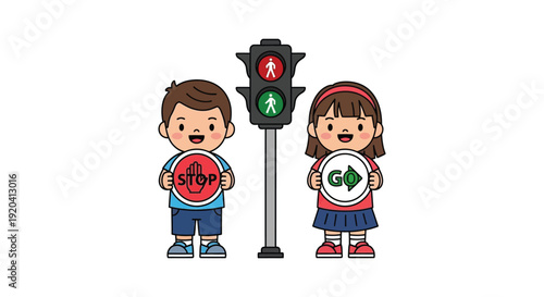 Two smiling children hold traffic signals near a pedestrian crossing illustrating road safety awareness silhouette high quality professional detailed modern elegant