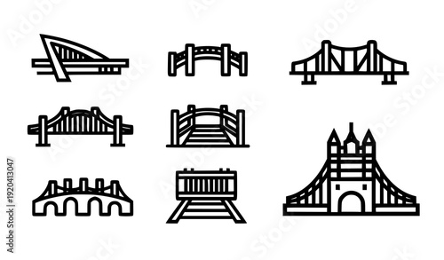 Bold outline bridge icon collection with modern and railway bridge symbols isolated on white