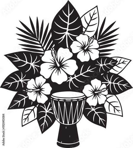 A djembe drum surrounded by a vibrant arrangement of hibiscus flowers and various tropical leaves in black silhouette