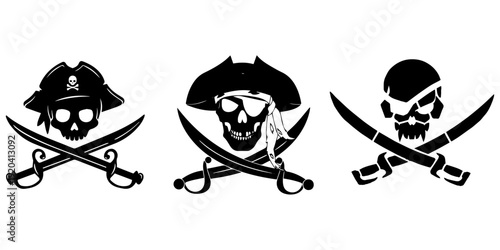 Pirate skull and crossbones with crossed sabers and tricorne hat