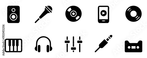 Collection of Black and White Music Instruments and Equipment Icons