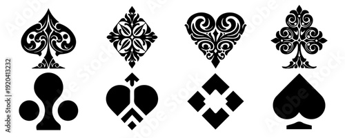 Four classic playing card suits, including spade, heart, club, and diamond, are neatly arranged in a row, representing games, gambling, and luck