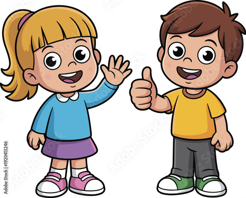 Two cheerful cartoon children waving and giving thumbs up in colorful outfits girl