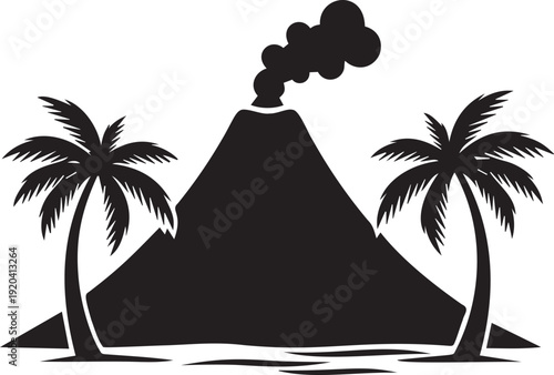 Volcano eruption silhouette with smoking crater and tropical palm trees on exotic island landscape scenic geological nature icon
