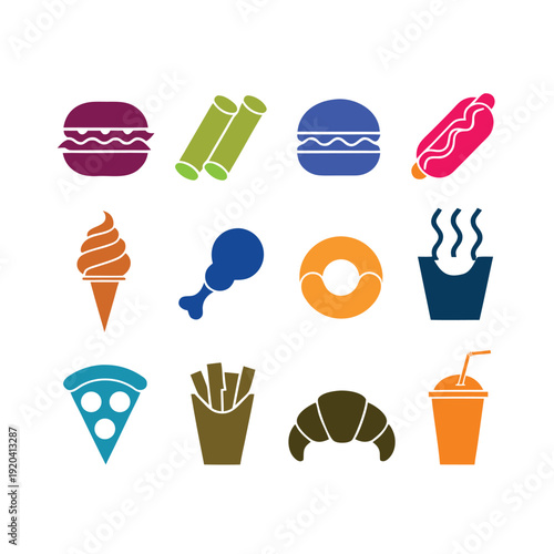 Colorful food including burgers, hot dog, ice cream, fries, croissant, and more food colorful burgers