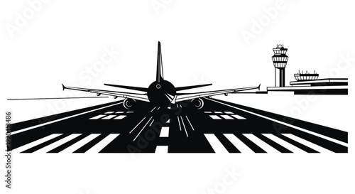 A striking black and white illustration depicting an airplane on a runway facing an airport control tower silhouette high quality professional