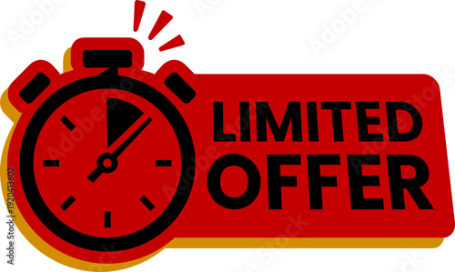Modern limited offer sale badges icon collection in red, yellow and black colors with clock and comic style elements. Perfect for discounts, promotions and marketing banners.