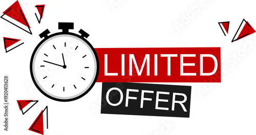 Modern limited offer sale badges icon collection in red, yellow and black colors with clock and comic style elements. Perfect for discounts, promotions and marketing banners.