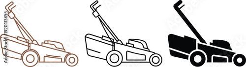 Lawn Mower Icon Set in Outline and Solid Style Garden Equipment Vector Collection
