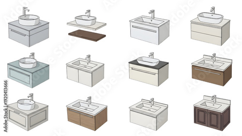Countertop Wash Basins on Vanity Units Vector Set – Bathroom Plan View CAD Design