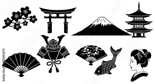 Japanese symbols vector set, traditional culture icons
