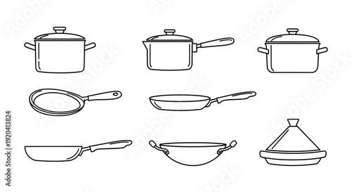 Kitchenware line icons: pots, pans, and tagine