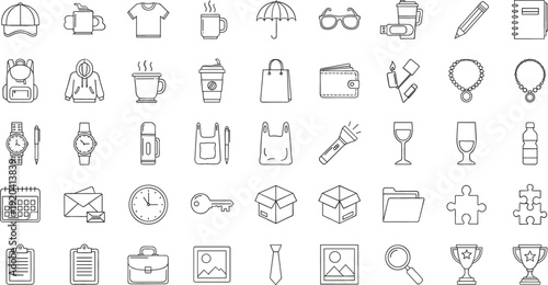 Lifestyle and Personal Accessories Line Icons Set Featuring Clothing Coffee Jewelry Travel and Office Essentials Vector Collection