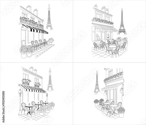 four hand drawn parisian street cafe sketches featuring eiffel tower views and terrace bistro scenes with line art design vector illustration artwork