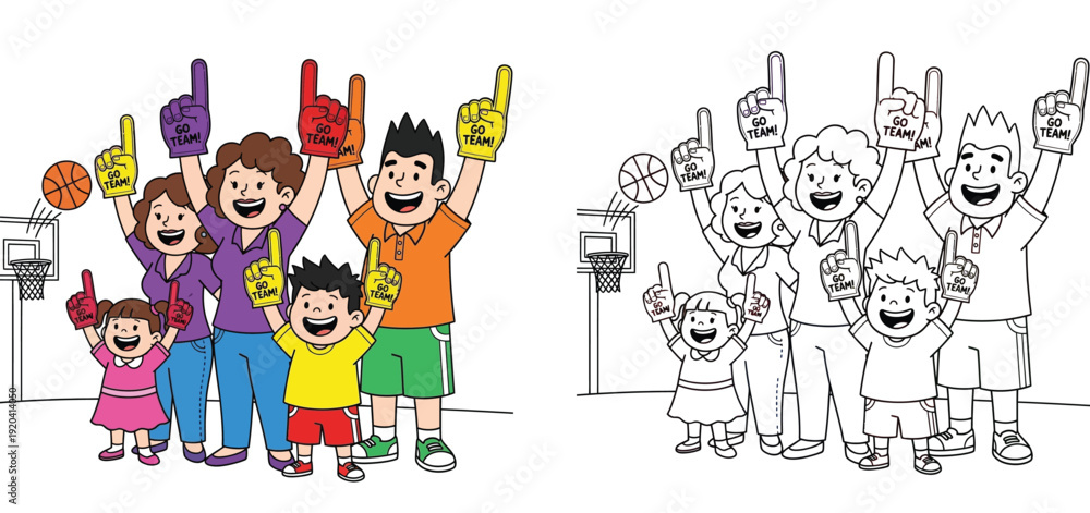 Obraz premium Cheering Family at Basketball Game - Enthusiastic Fans with Foam Fingers