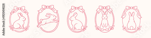 Easter bunny line art eggs frame set with bow. Minimal pink outline vector collection